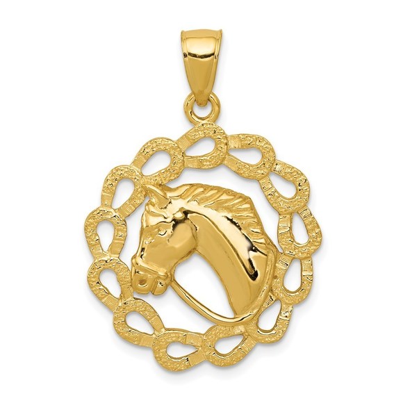 14k Yellow Gold Solid Equestrian Horse Head in Horseshoes Necklace Charm Pendant